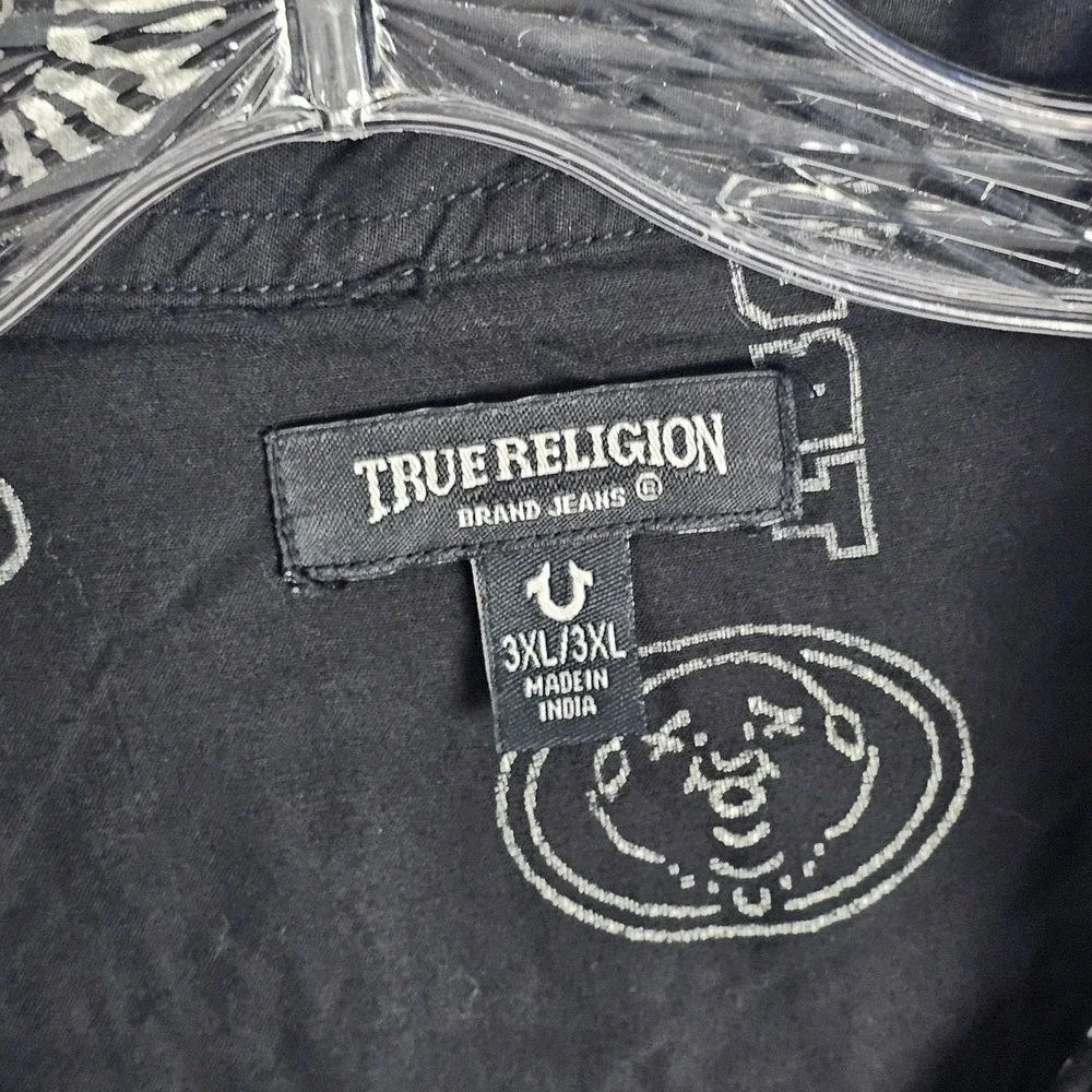 True Religion Button Up Mens 3XL Black Buddha Brand Graphic AOP Resort Shirt